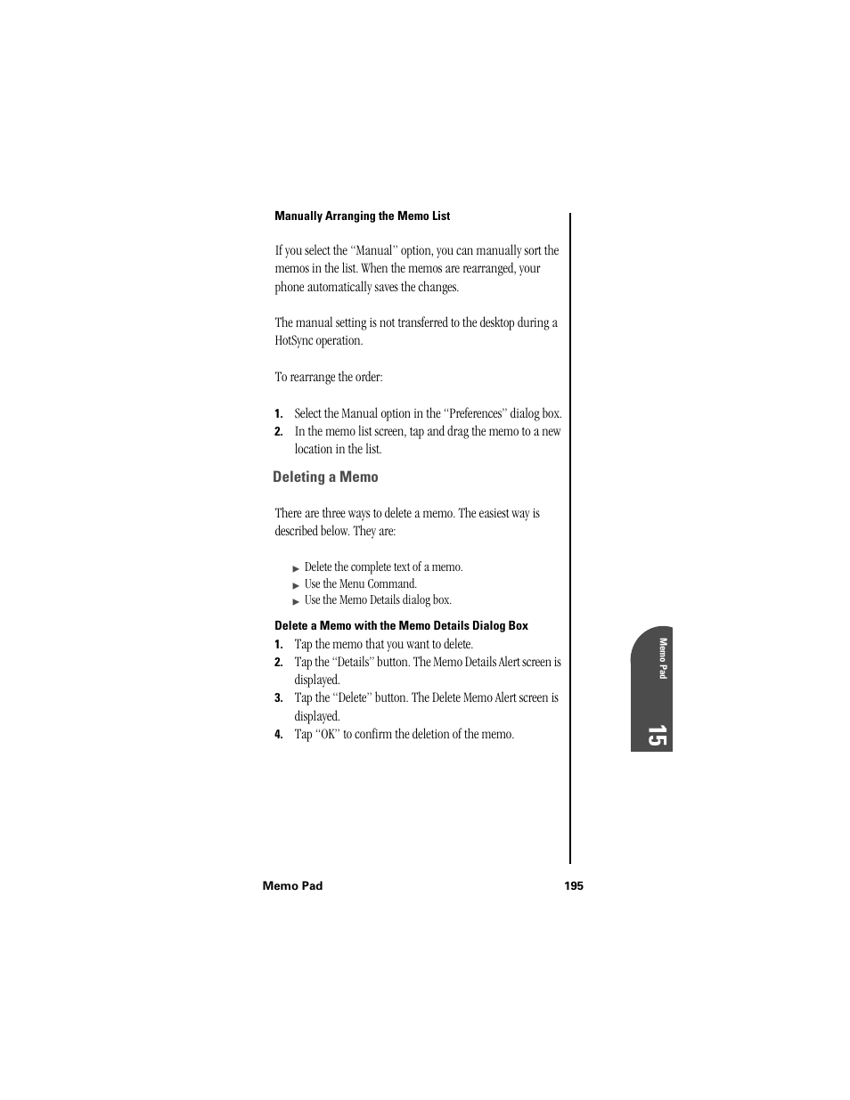 Manually arranging the memo list, Deleting a memo, Delete a memo with the memo details dialog box | Samsung SPH-I300 User Manual | Page 198 / 313