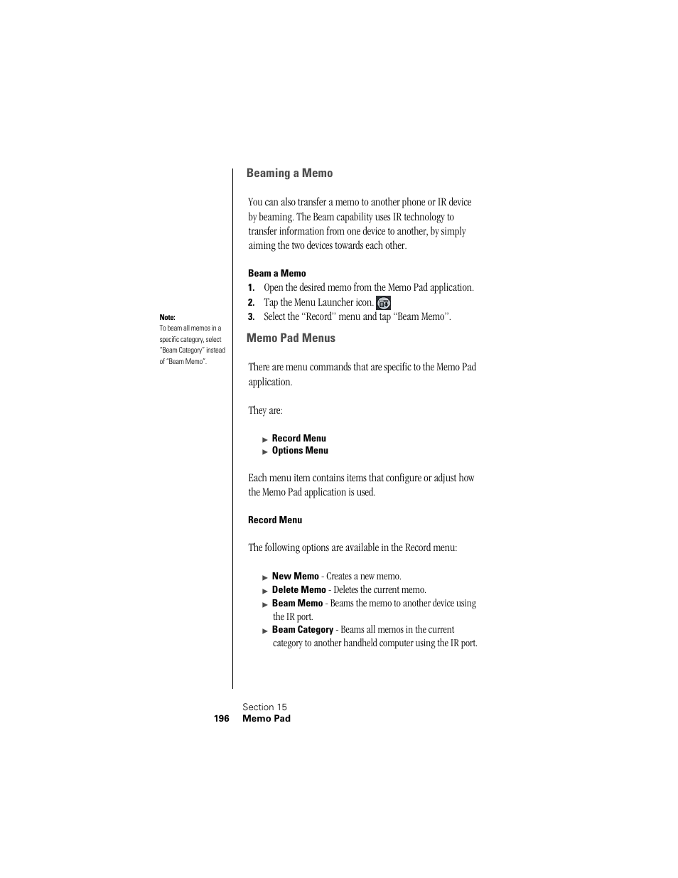 Beaming a memo, Beam a memo, Memo pad menus | Record menu | Samsung SPH-I300 User Manual | Page 199 / 313