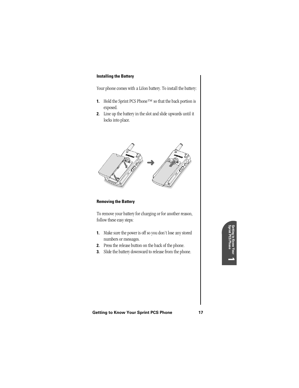 Installing the battery, Removing the battery, Ge 1 | Samsung SPH-I300 User Manual | Page 20 / 313