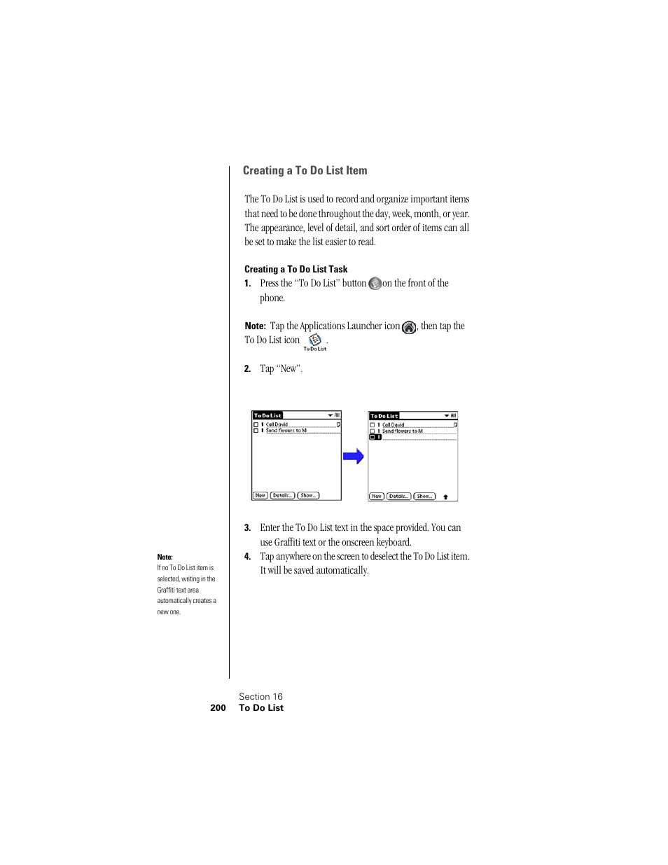 Creating a to do list item, Creating a to do list task | Samsung SPH-I300 User Manual | Page 203 / 313