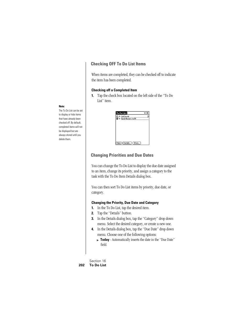 Checking off to do list items, Checking off a completed item, Changing priorities and due dates | Changing the priority, due date and category | Samsung SPH-I300 User Manual | Page 205 / 313