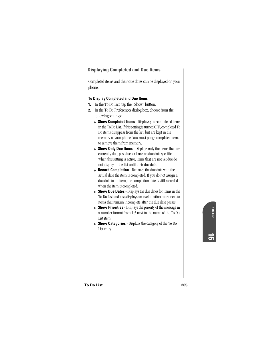 Displaying completed and due items, To display completed and due items | Samsung SPH-I300 User Manual | Page 208 / 313