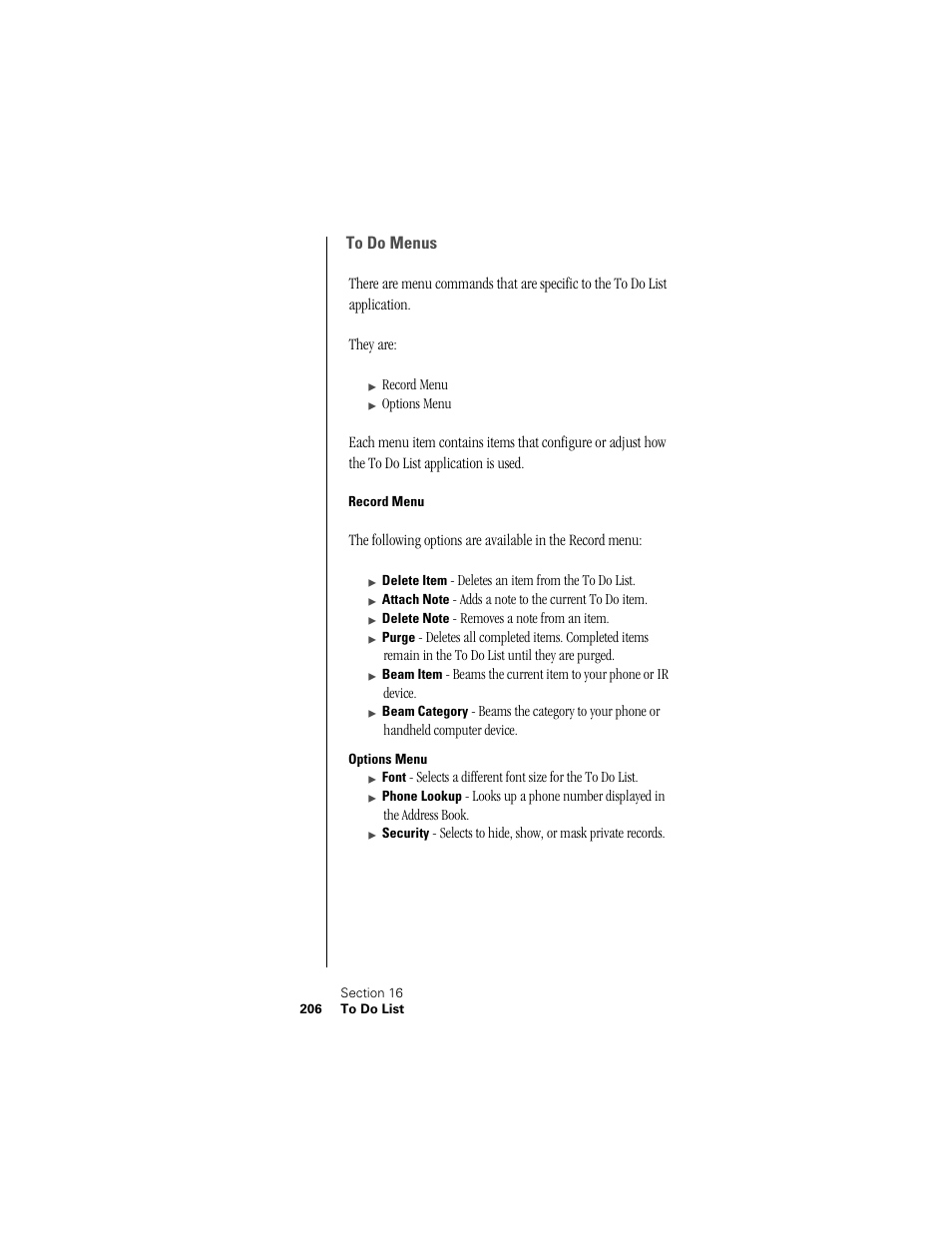 To do menus, Record menu, Options menu | Samsung SPH-I300 User Manual | Page 209 / 313