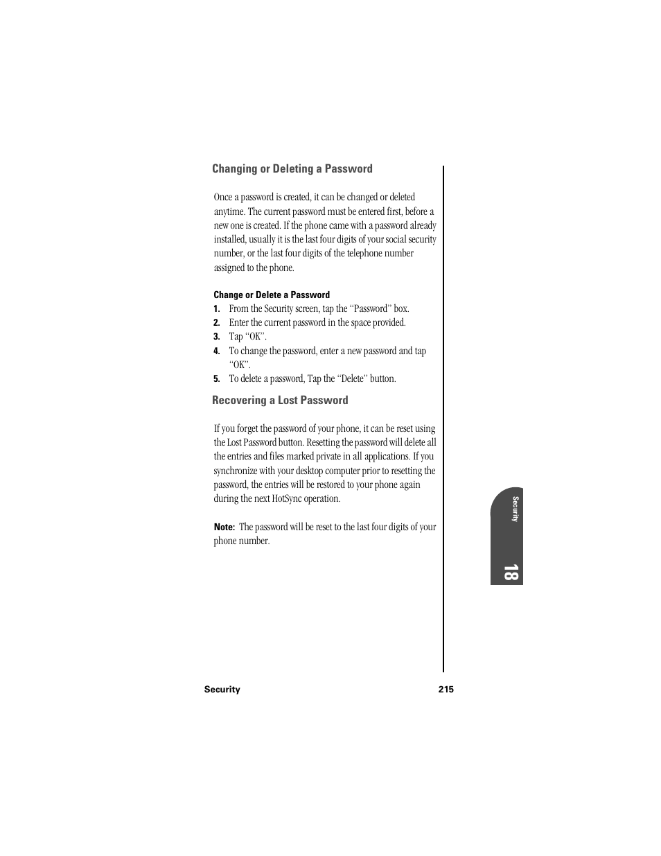 Changing or deleting a password, Change or delete a password, Recovering a lost password | Se 18 | Samsung SPH-I300 User Manual | Page 218 / 313