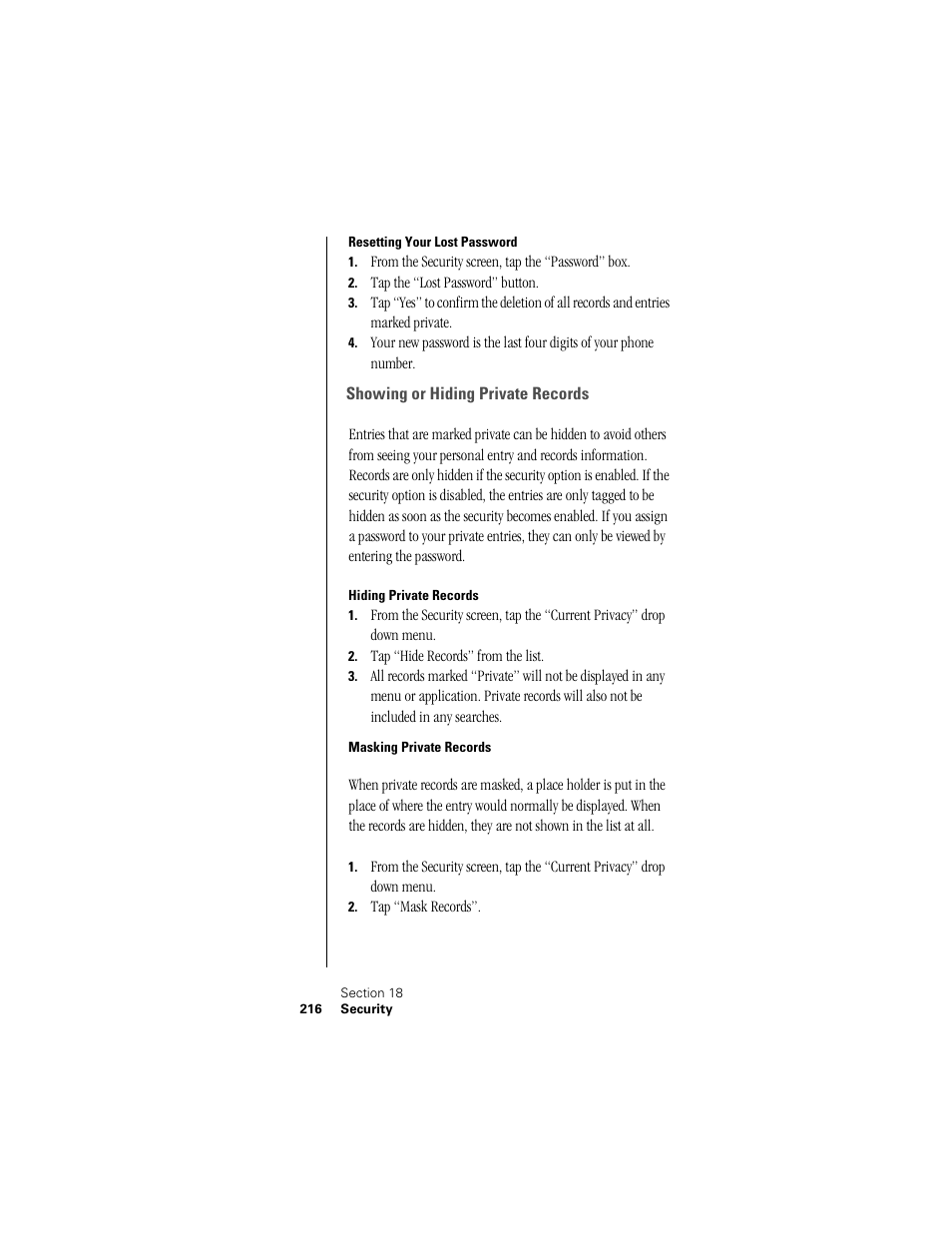 Resetting your lost password, Showing or hiding private records, Hiding private records | Masking private records | Samsung SPH-I300 User Manual | Page 219 / 313