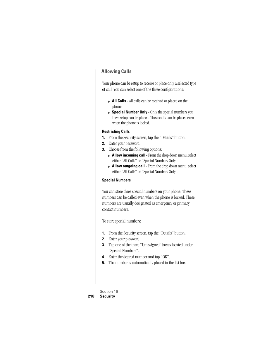 Allowing calls, Restricting calls, Special numbers | Samsung SPH-I300 User Manual | Page 221 / 313