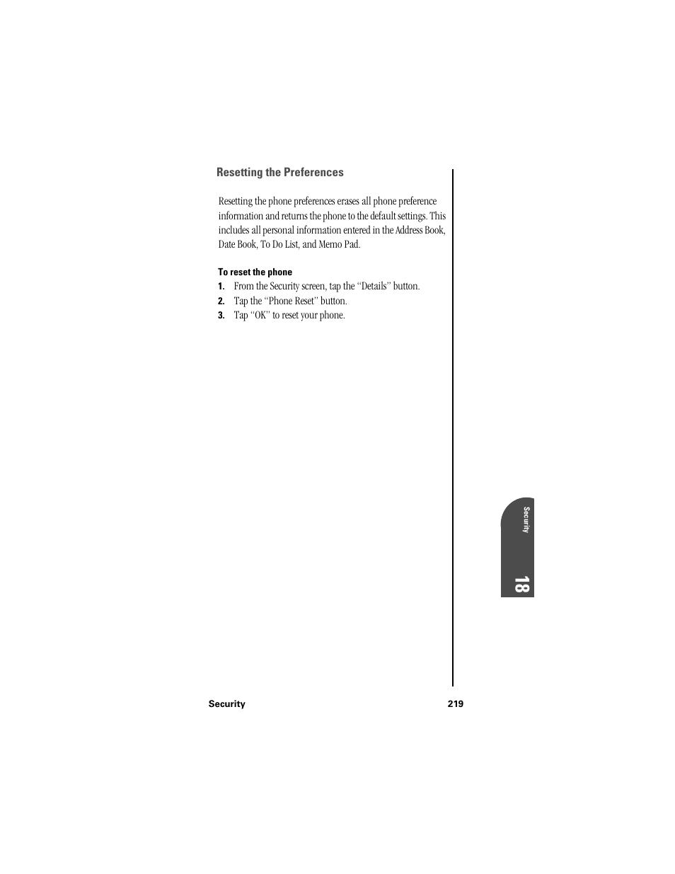 Resetting the preferences, To reset the phone, Se 18 | Samsung SPH-I300 User Manual | Page 222 / 313