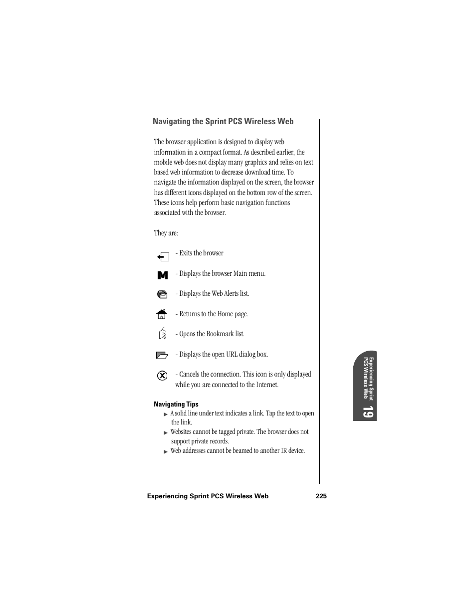 Navigating the sprint pcs wireless web, Navigating tips, Ex 19 | Samsung SPH-I300 User Manual | Page 228 / 313