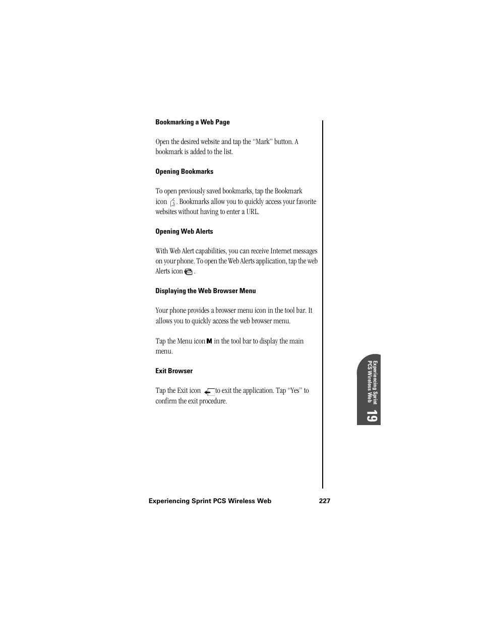 Opening bookmarks, Opening web alerts, Displaying the web browser menu | Exit browser, Ex 19 | Samsung SPH-I300 User Manual | Page 230 / 313