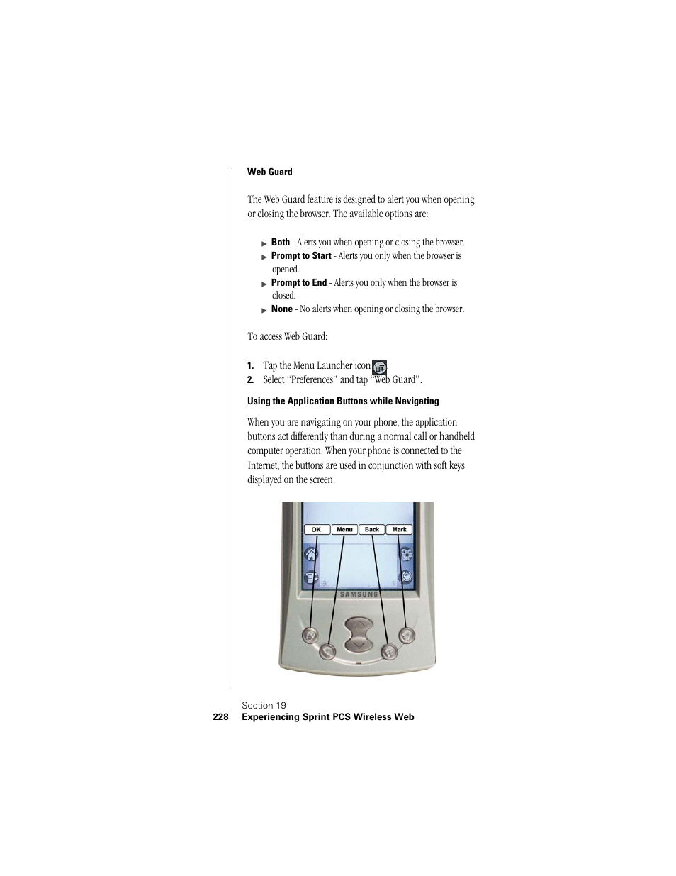 Web guard, Using the application buttons while navigating | Samsung SPH-I300 User Manual | Page 231 / 313