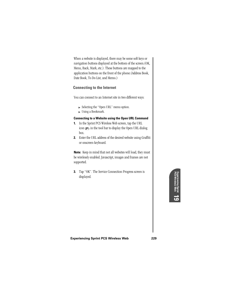 Connecting to the internet, Connecting to a website using the open url command, Ex 19 | Samsung SPH-I300 User Manual | Page 232 / 313