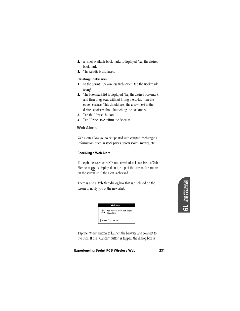 Deleting bookmarks, Web alerts, Receiving a web alert | Ex 19 | Samsung SPH-I300 User Manual | Page 234 / 313