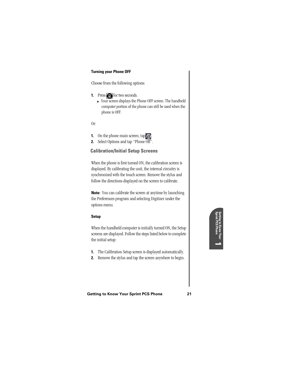 Turning your phone off, Calibration/initial setup screens, Setup | Ge 1 | Samsung SPH-I300 User Manual | Page 24 / 313