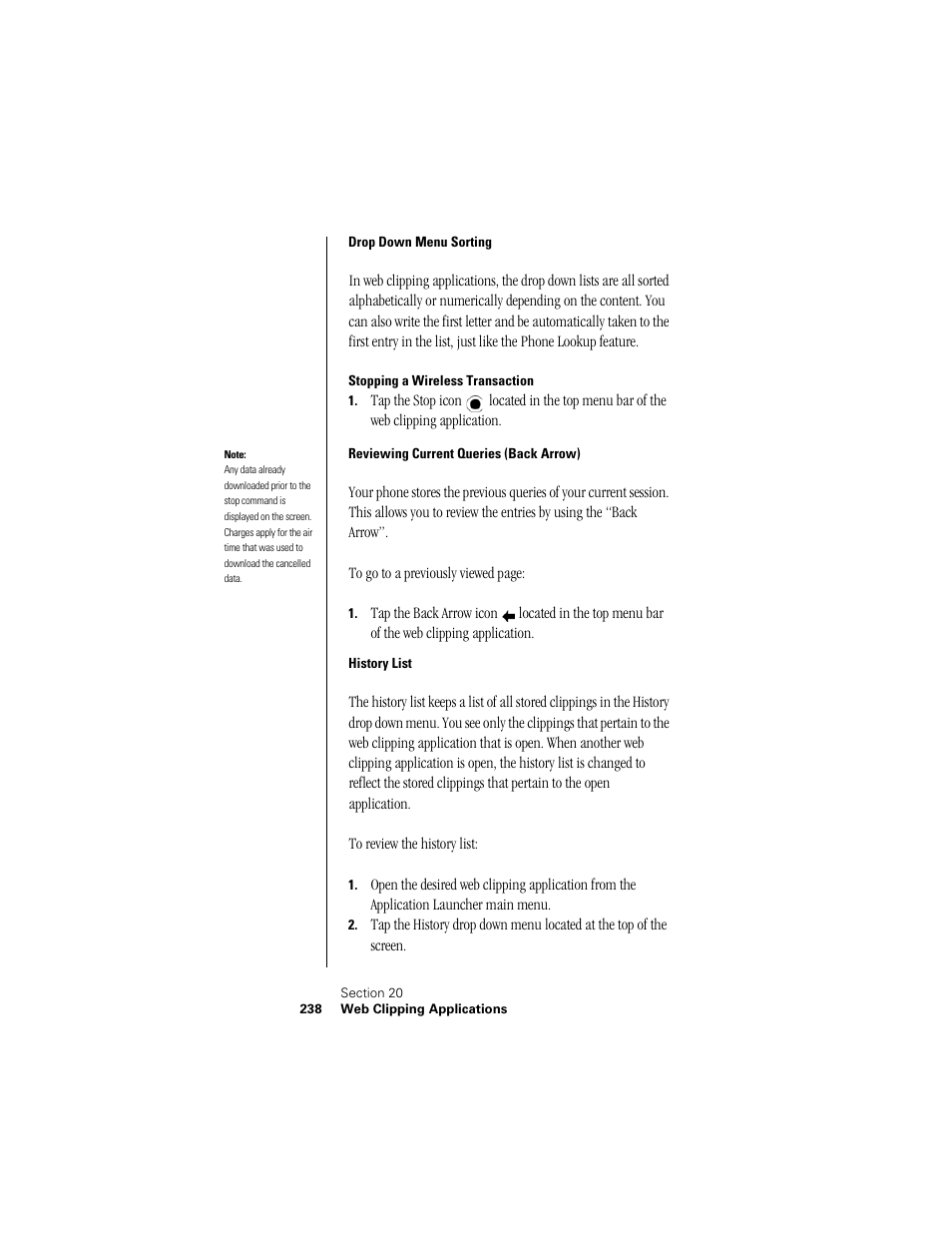 Drop down menu sorting, Stopping a wireless transaction, Reviewing current queries (back arrow) | History list | Samsung SPH-I300 User Manual | Page 241 / 313