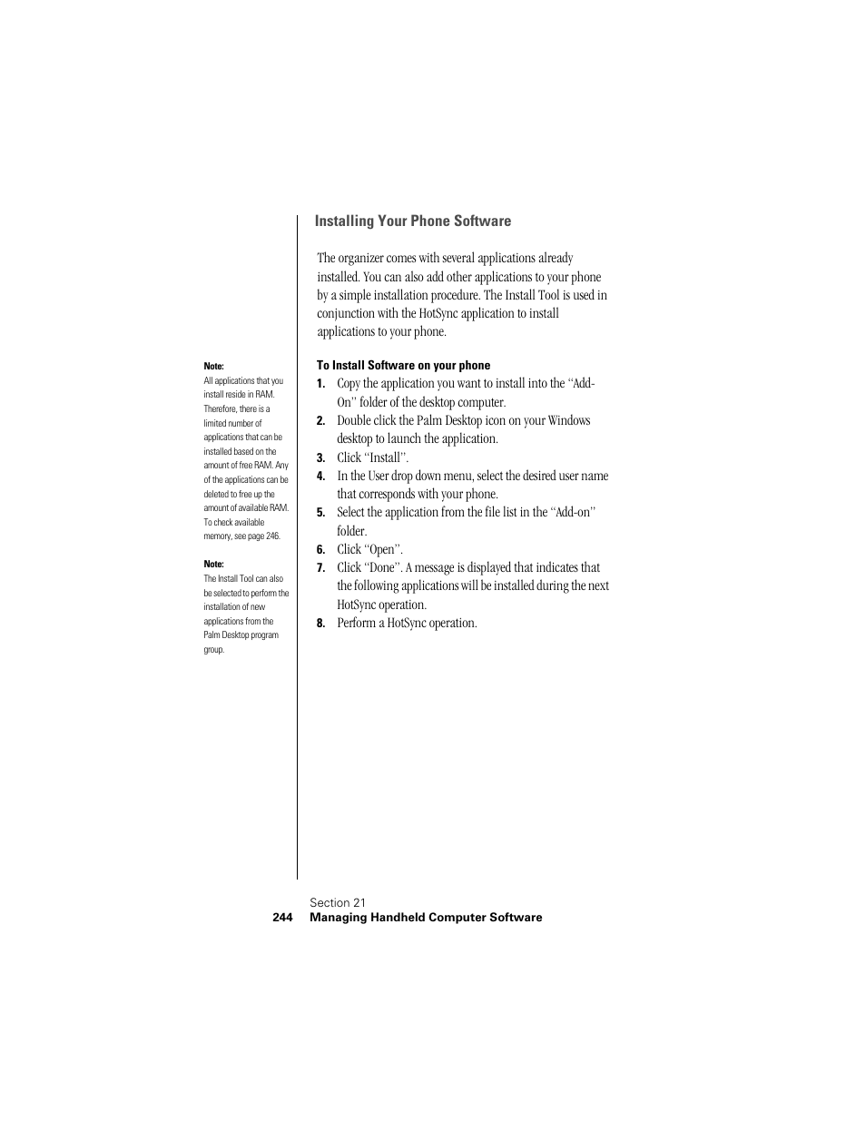 Installing your phone software, To install software on your phone, Click “install | Click “open, Perform a hotsync operation | Samsung SPH-I300 User Manual | Page 247 / 313