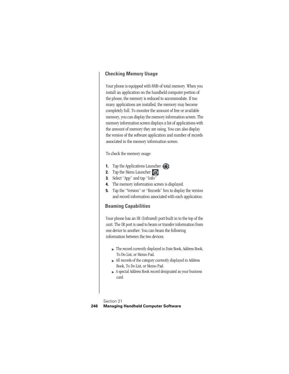 Checking memory usage, Beaming capabilities | Samsung SPH-I300 User Manual | Page 249 / 313