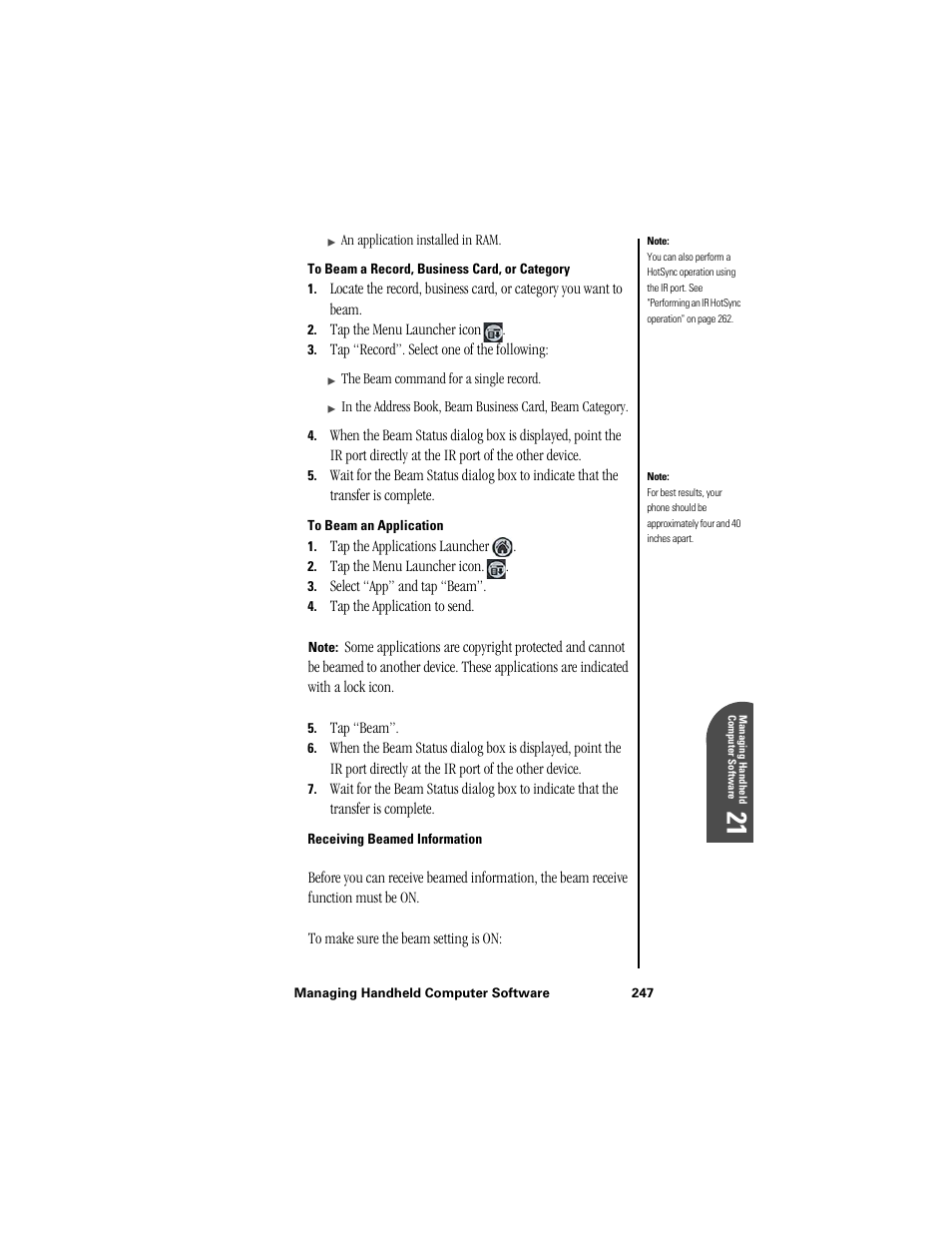 To beam a record, business card, or category, To beam an application, Receiving beamed information | Samsung SPH-I300 User Manual | Page 250 / 313