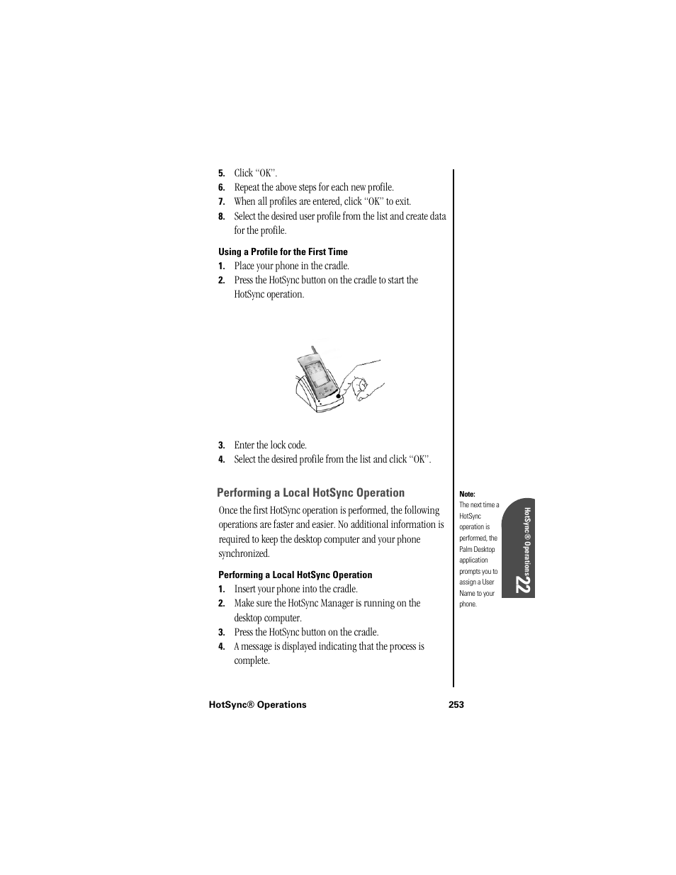 Using a profile for the first time, Performing a local hotsync operation, Ho 22 | Samsung SPH-I300 User Manual | Page 256 / 313