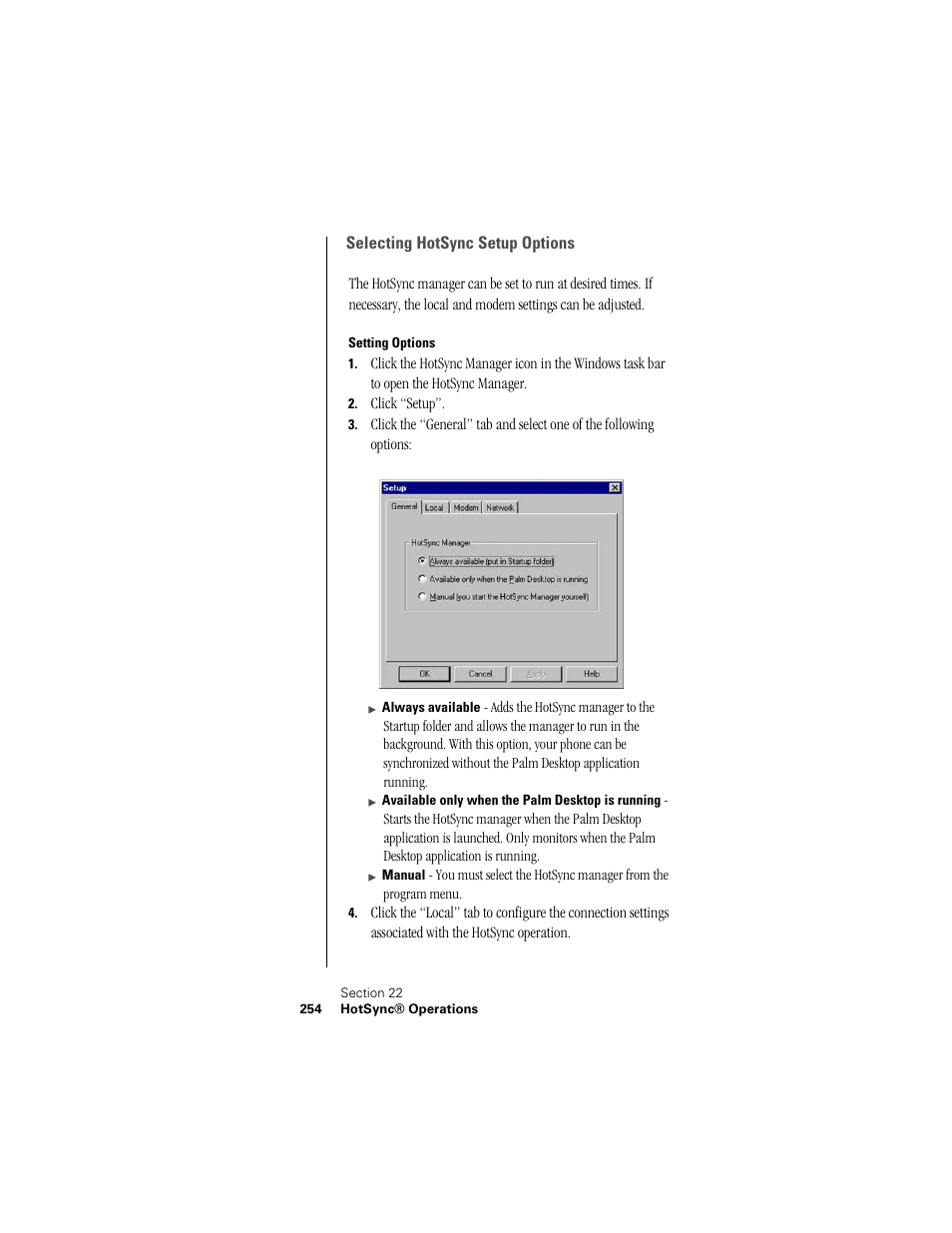 Selecting hotsync setup options, Setting options | Samsung SPH-I300 User Manual | Page 257 / 313