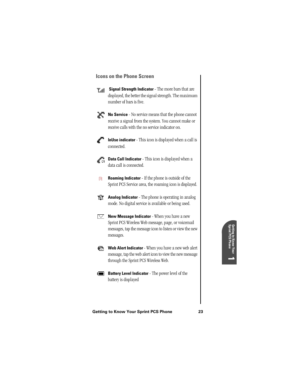 Icons on the phone screen, Ge 1 | Samsung SPH-I300 User Manual | Page 26 / 313