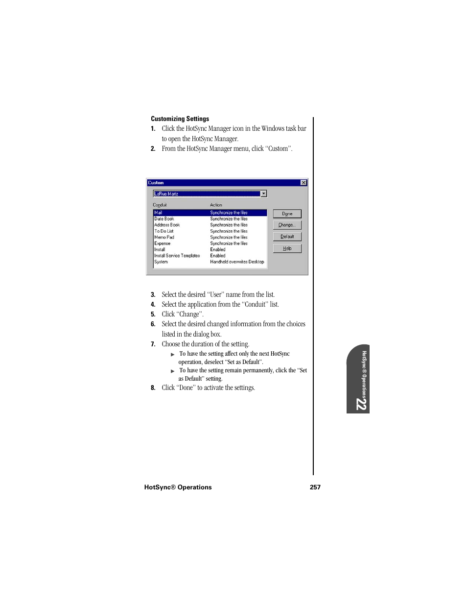 Customizing settings, Ho 22 | Samsung SPH-I300 User Manual | Page 260 / 313
