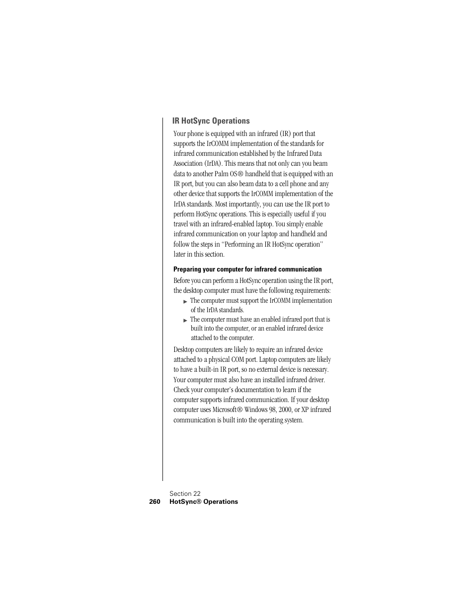 Ir hotsync operations, Preparing your computer for infrared communication | Samsung SPH-I300 User Manual | Page 263 / 313