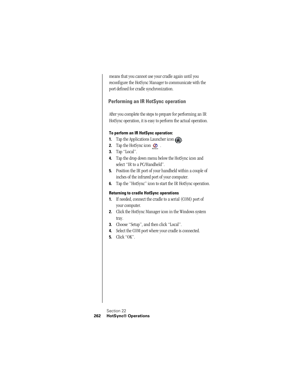 Performing an ir hotsync operation, To perform an ir hotsync operation, Returning to cradle hotsync operations | Samsung SPH-I300 User Manual | Page 265 / 313