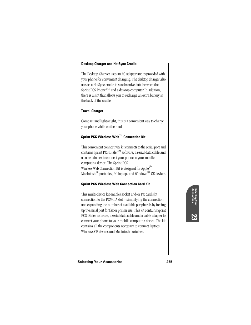 Travel charger, Sprint pcs wireless web™ connection kit, Sprint pcs wireless web connection card kit | Se 23 | Samsung SPH-I300 User Manual | Page 268 / 313