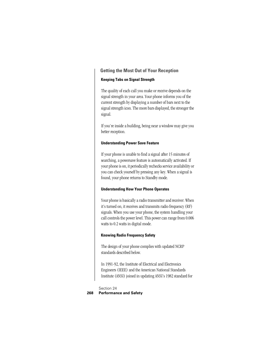 Getting the most out of your reception, Keeping tabs on signal strength, Understanding power save feature | Understanding how your phone operates, Knowing radio frequency safety | Samsung SPH-I300 User Manual | Page 271 / 313