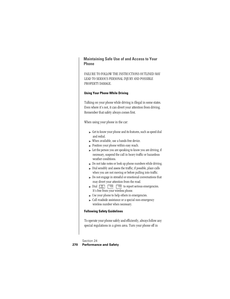 Maintaining safe use of and access to your phone, Using your phone while driving, Following safety guidelines | Samsung SPH-I300 User Manual | Page 273 / 313