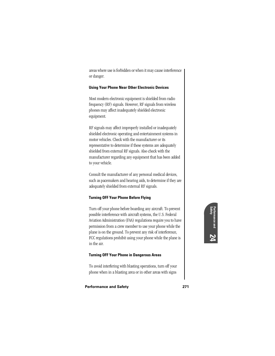 Using your phone near other electronic devices, Turning off your phone before flying, Turning off your phone in dangerous areas | Pe 24 | Samsung SPH-I300 User Manual | Page 274 / 313