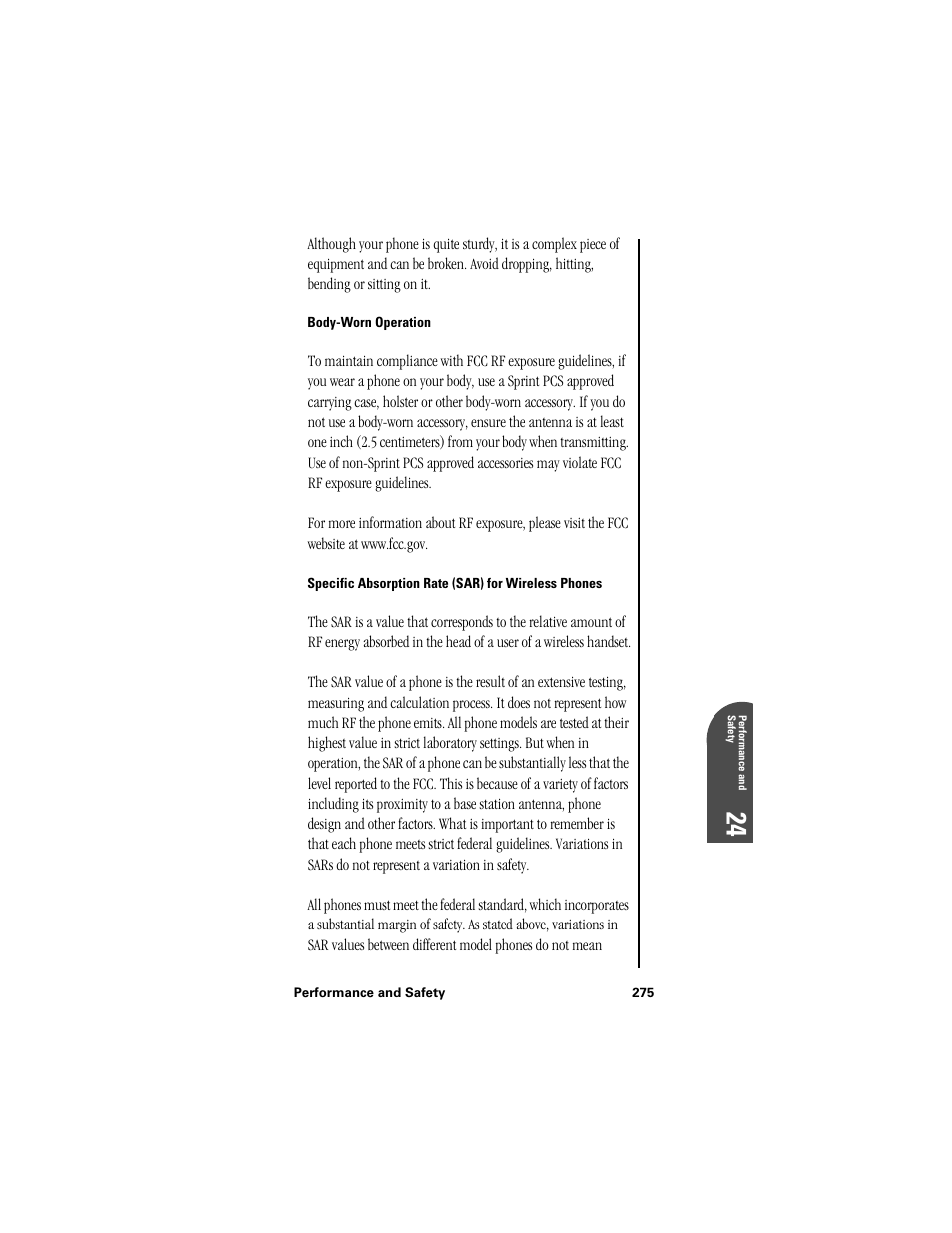 Body-worn operation, Specific absorption rate (sar) for wireless phones, Pe 24 | Samsung SPH-I300 User Manual | Page 278 / 313