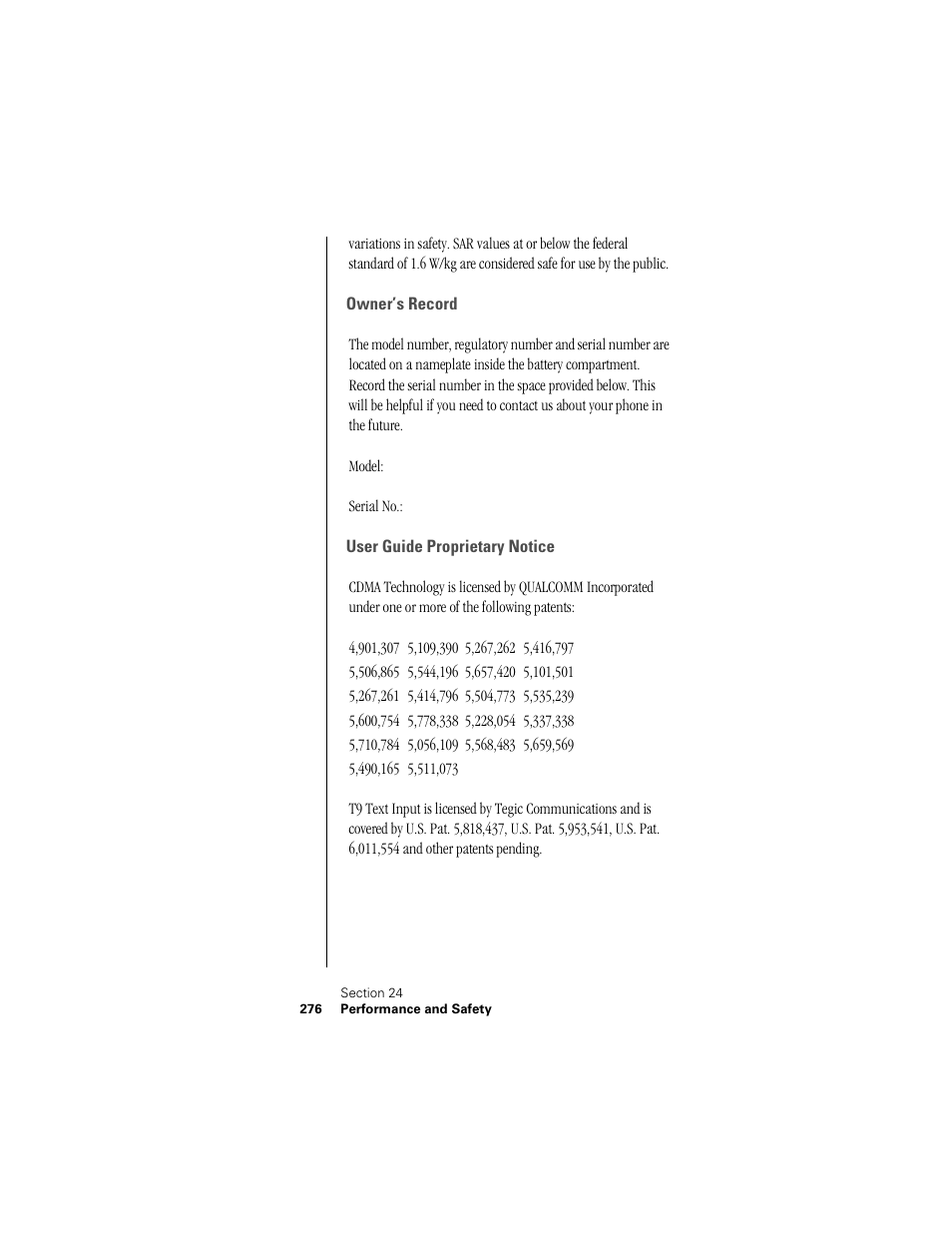Owner's record, User guide proprietary notice, Owner’s record | Samsung SPH-I300 User Manual | Page 279 / 313