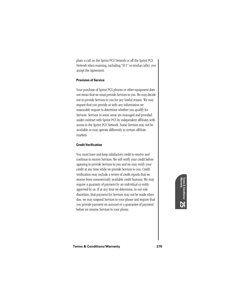 Provision of service, Credit verification, Te 25 | Samsung SPH-I300 User Manual | Page 282 / 313
