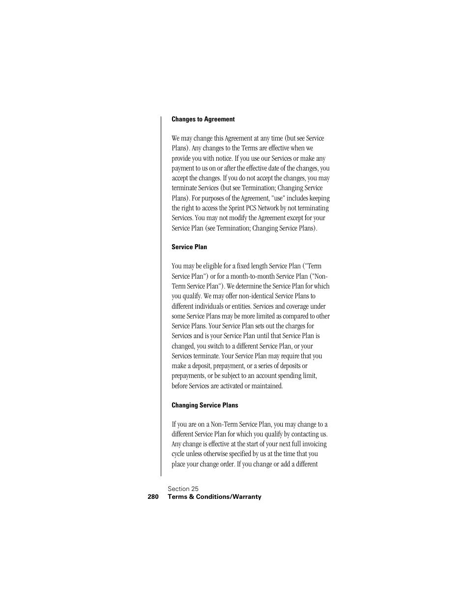 Changes to agreement, Service plan, Changing service plans | Samsung SPH-I300 User Manual | Page 283 / 313