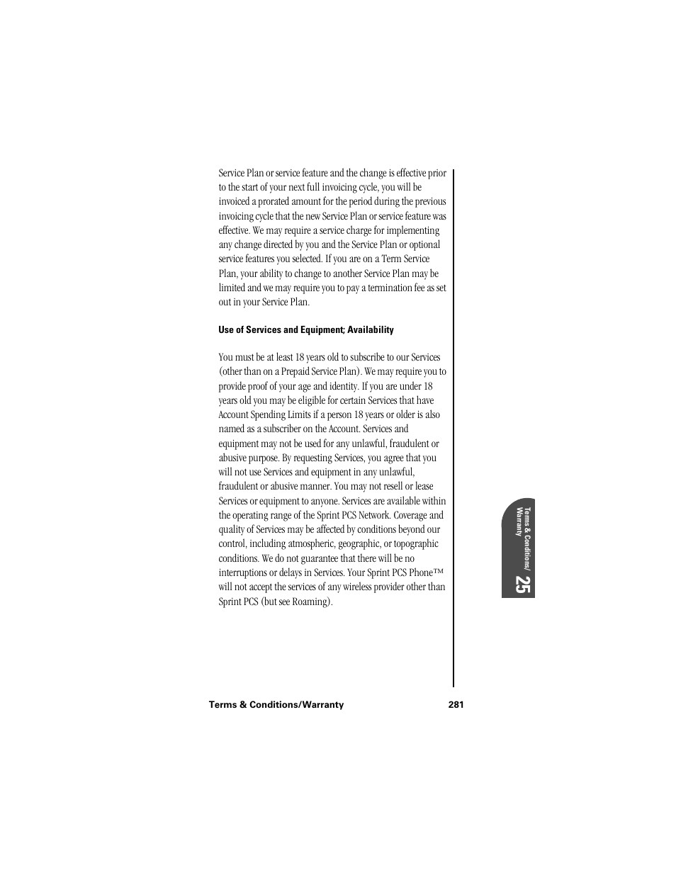 Use of services and equipment; availability, Te 25 | Samsung SPH-I300 User Manual | Page 284 / 313