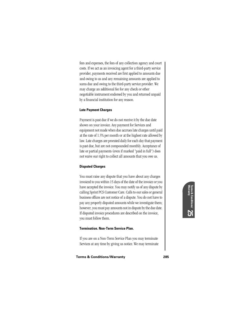 Late payment charges, Disputed charges, Termination. non-term service plan | Te 25 | Samsung SPH-I300 User Manual | Page 288 / 313