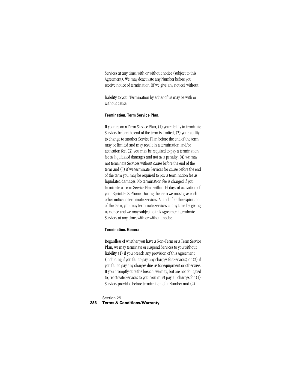 Termination. term service plan, Termination. general | Samsung SPH-I300 User Manual | Page 289 / 313