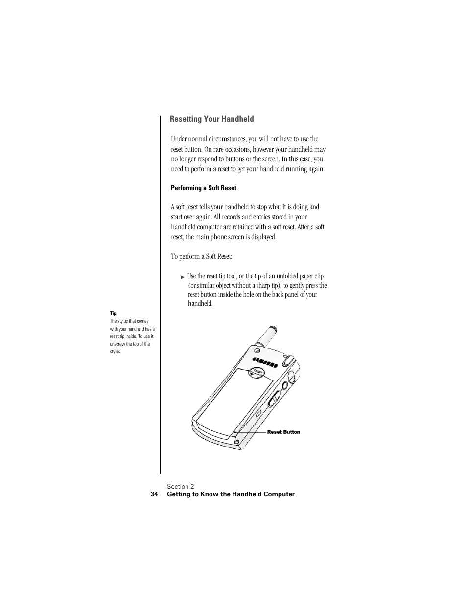 Resetting your handheld, Performing a soft reset | Samsung SPH-I300 User Manual | Page 37 / 313