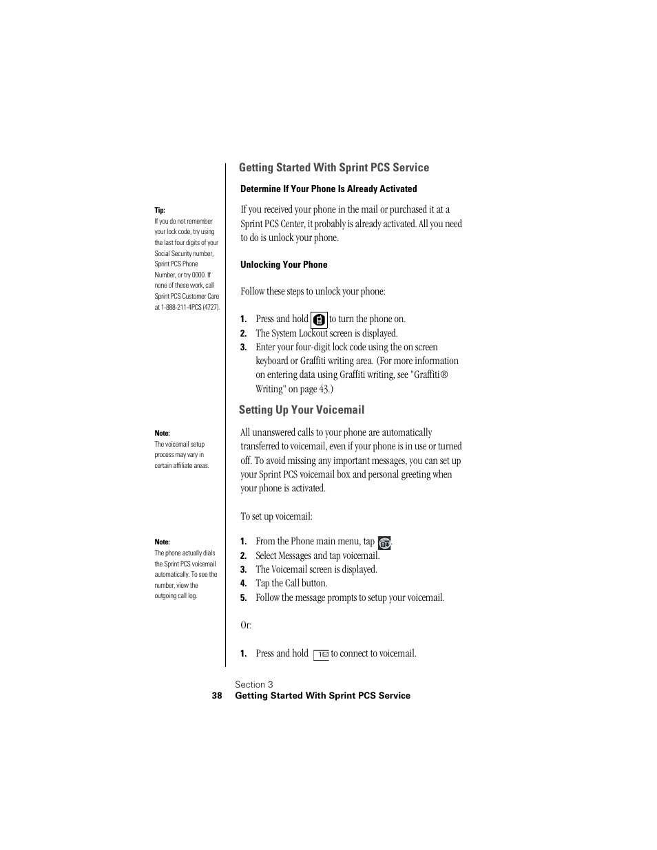 Getting started with sprint pcs service, Determine if your phone is already activated, Unlocking your phone | Setting up your voicemail | Samsung SPH-I300 User Manual | Page 41 / 313