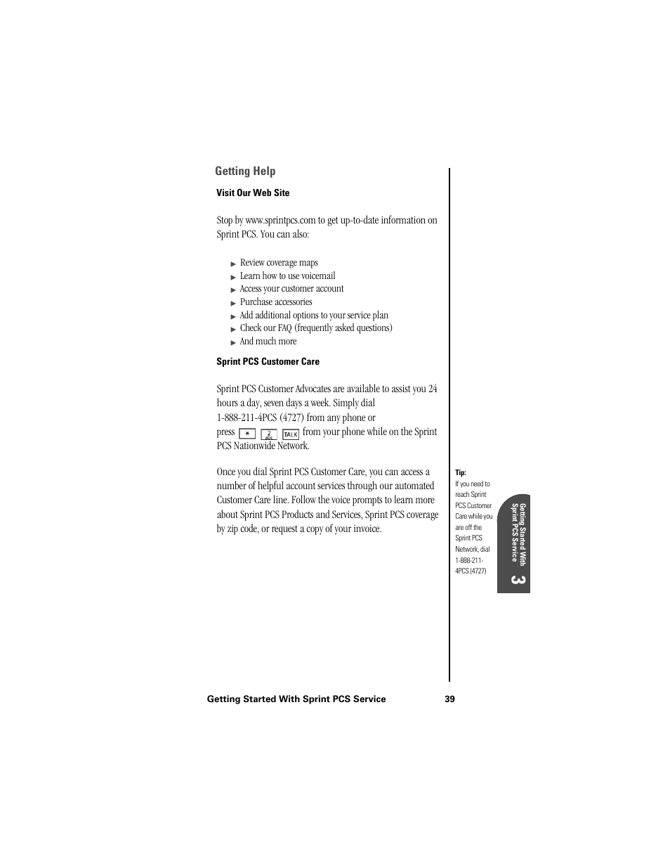 Getting help, Visit our web site, Sprint pcs customer care | Ge 3 | Samsung SPH-I300 User Manual | Page 42 / 313