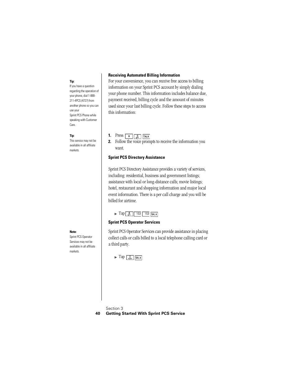 Receiving automated billing information, Sprint pcs directory assistance, Sprint pcs operator services | Press | Samsung SPH-I300 User Manual | Page 43 / 313