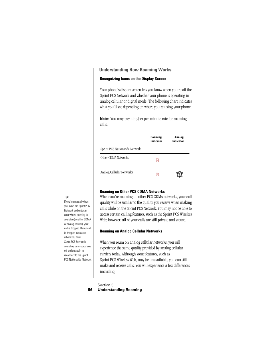Understanding how roaming works, Recognizing icons on the display screen, Roaming on other pcs cdma networks | Roaming on analog cellular networks | Samsung SPH-I300 User Manual | Page 59 / 313