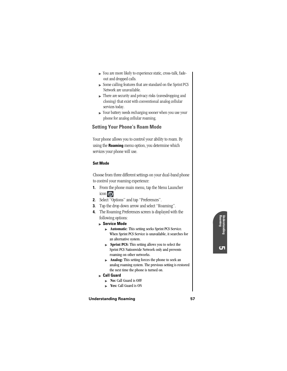 Setting your phone’s roam mode, Set mode, Un 5 | Samsung SPH-I300 User Manual | Page 60 / 313