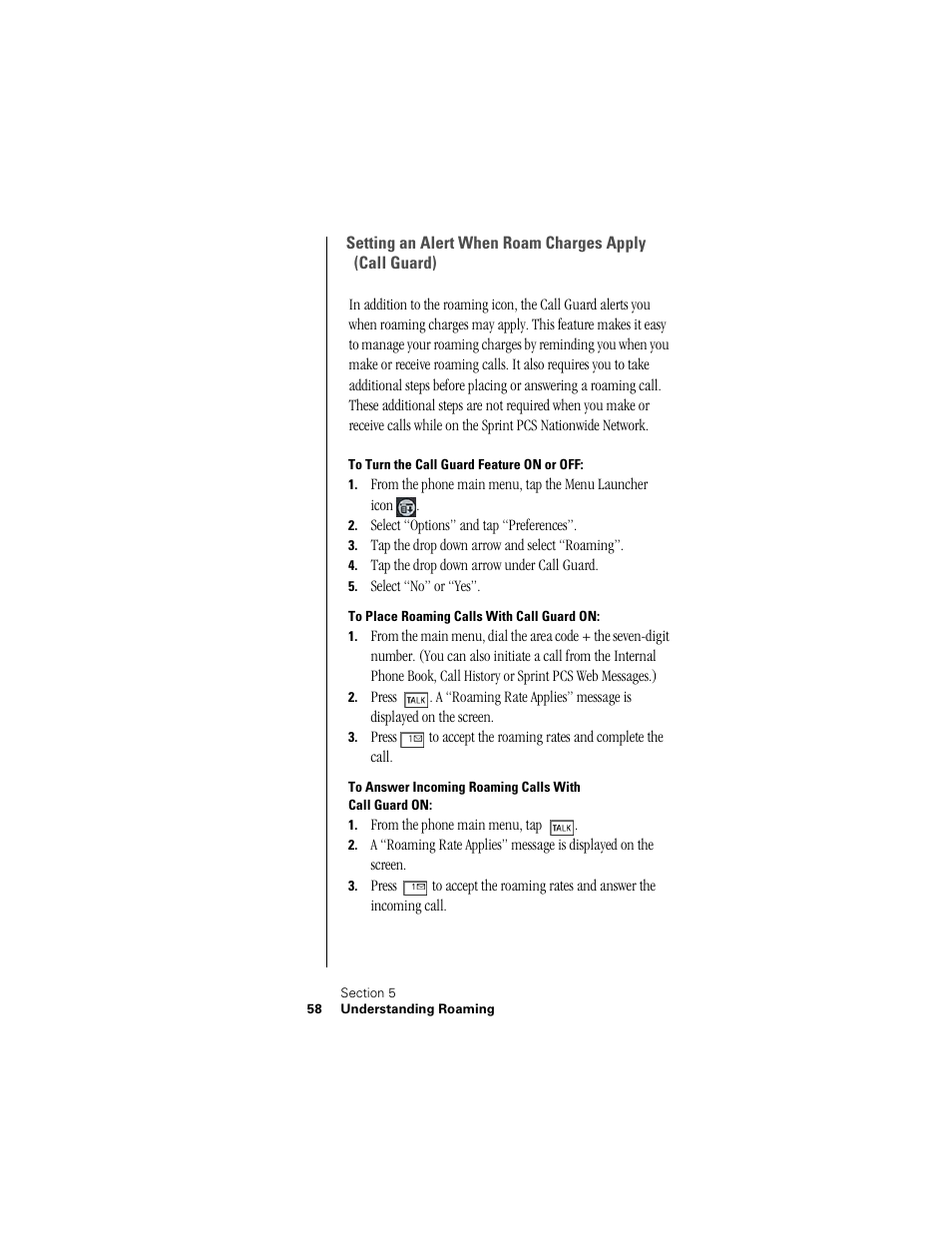 To turn the call guard feature on or off, To place roaming calls with call guard on | Samsung SPH-I300 User Manual | Page 61 / 313