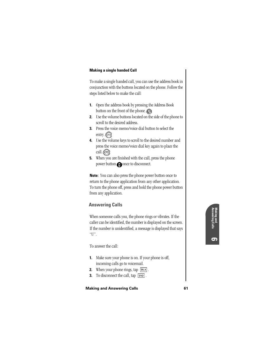 Making a single handed call, Answering calls | Samsung SPH-I300 User Manual | Page 64 / 313