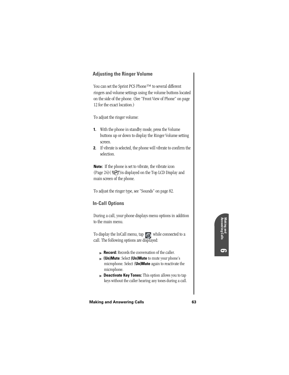 Adjusting the ringer volume, In-call options | Samsung SPH-I300 User Manual | Page 66 / 313