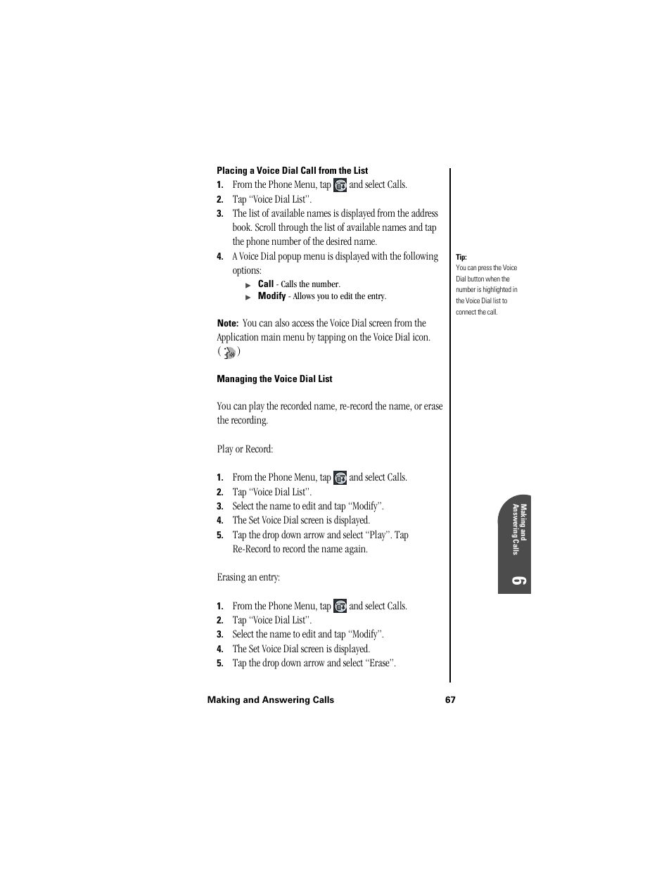 Placing a voice dial call from the list, Managing the voice dial list | Samsung SPH-I300 User Manual | Page 70 / 313