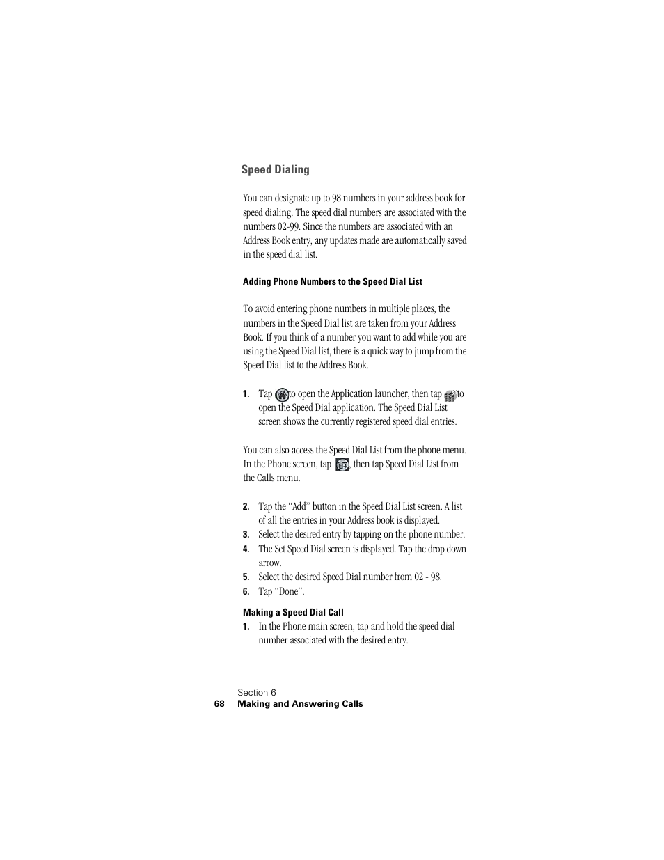 Speed dialing, Adding phone numbers to the speed dial list, Making a speed dial call | Samsung SPH-I300 User Manual | Page 71 / 313