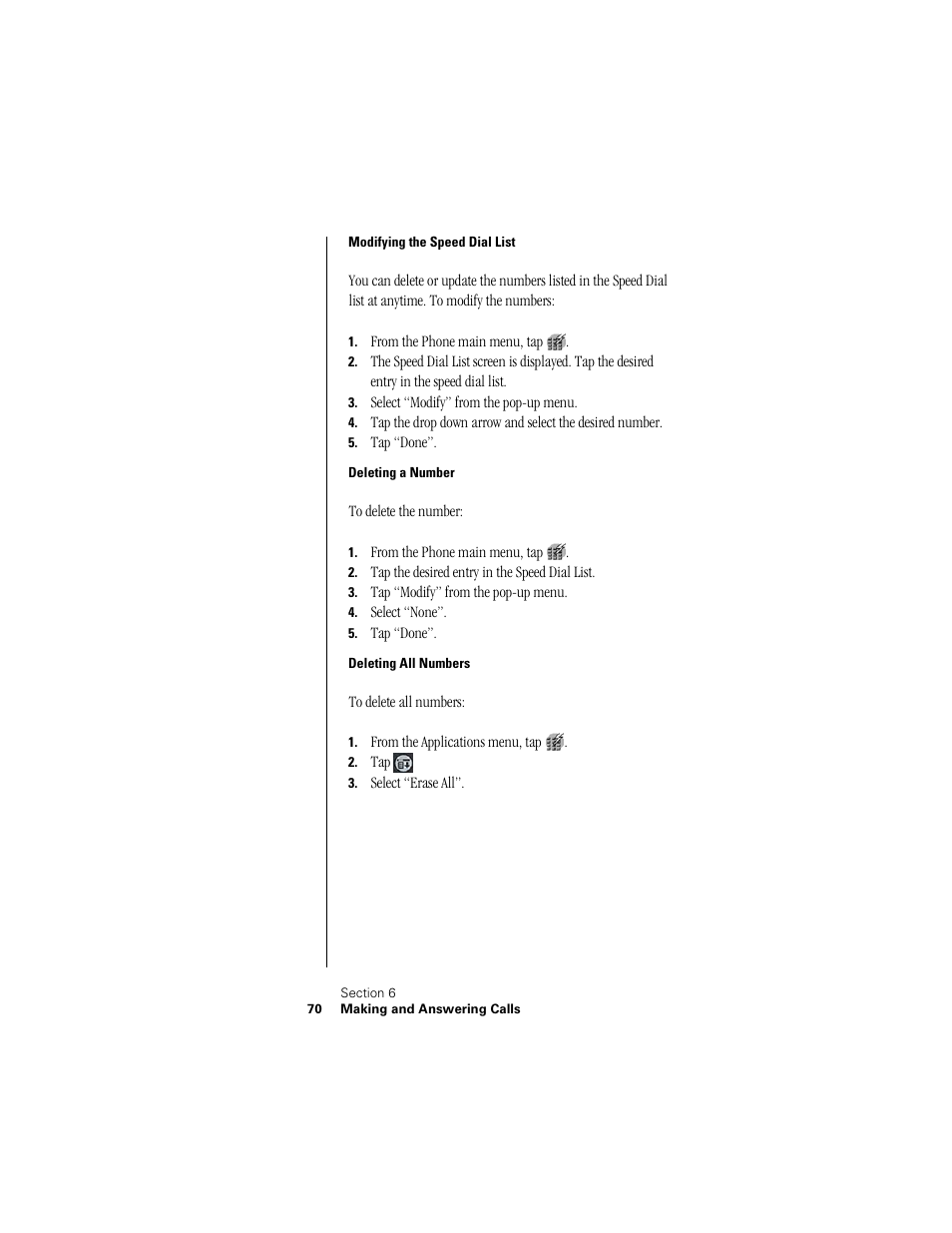 Modifying the speed dial list, Deleting a number, Deleting all numbers | Samsung SPH-I300 User Manual | Page 73 / 313